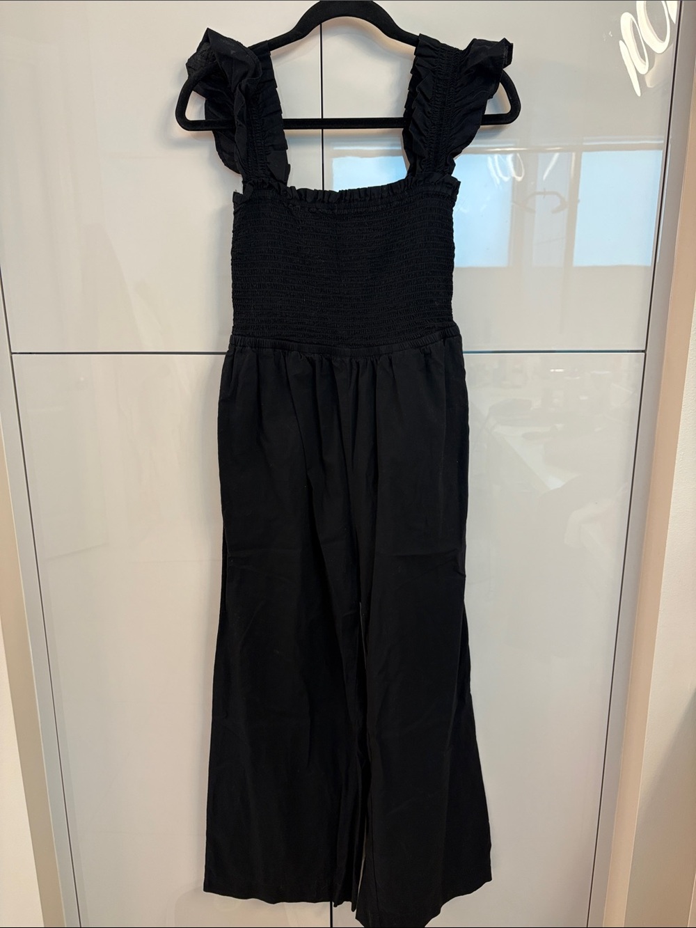 Loft 604 Black Smocked Jumpsuit with Ruffled Straps